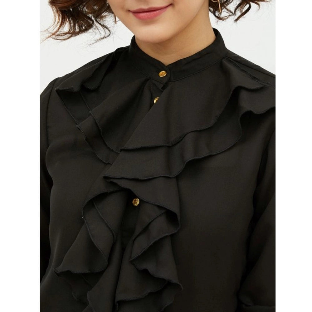 Indoraa Women's Polyester Ruffled Long Sleeves Standard Length Shirt (Black)