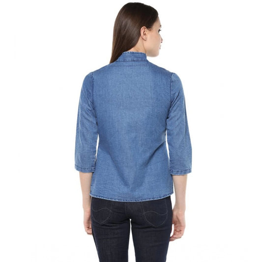 Indoraa Women's Denim Solid 3-4th Sleeves Regular Top (Blue)