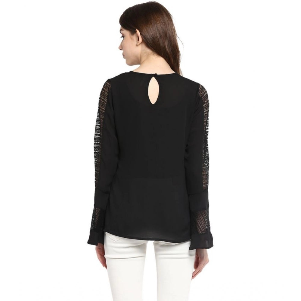 Indoraa Women's Polyester Georgette Self Design Bell Sleeve Regular Top (Black)