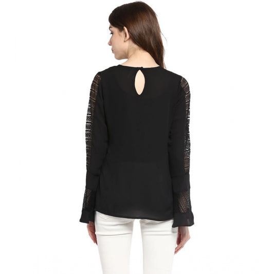 Indoraa Women's Polyester Georgette Self Design Bell Sleeve Regular Top (Black)