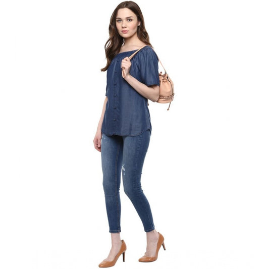 Indoraa Women's Denim Solid Short Sleeve Regular Top (Blue)
