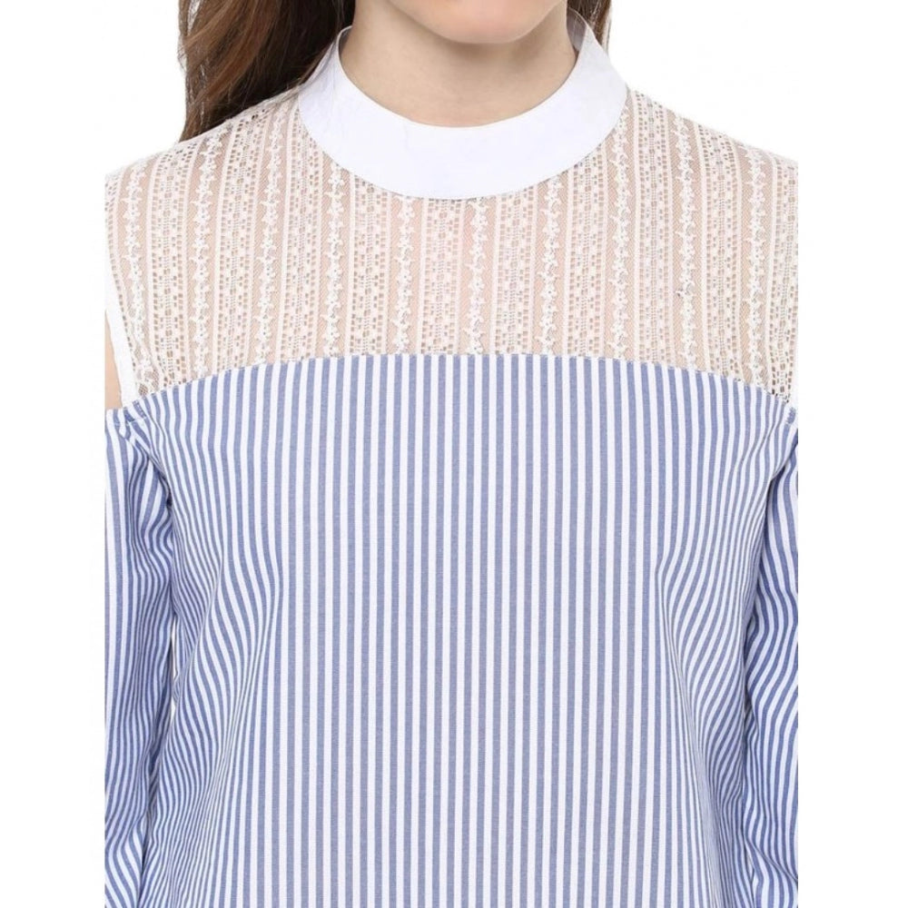 Indoraa Women's Cotton Striped Cold Shoulder Top (Blue)