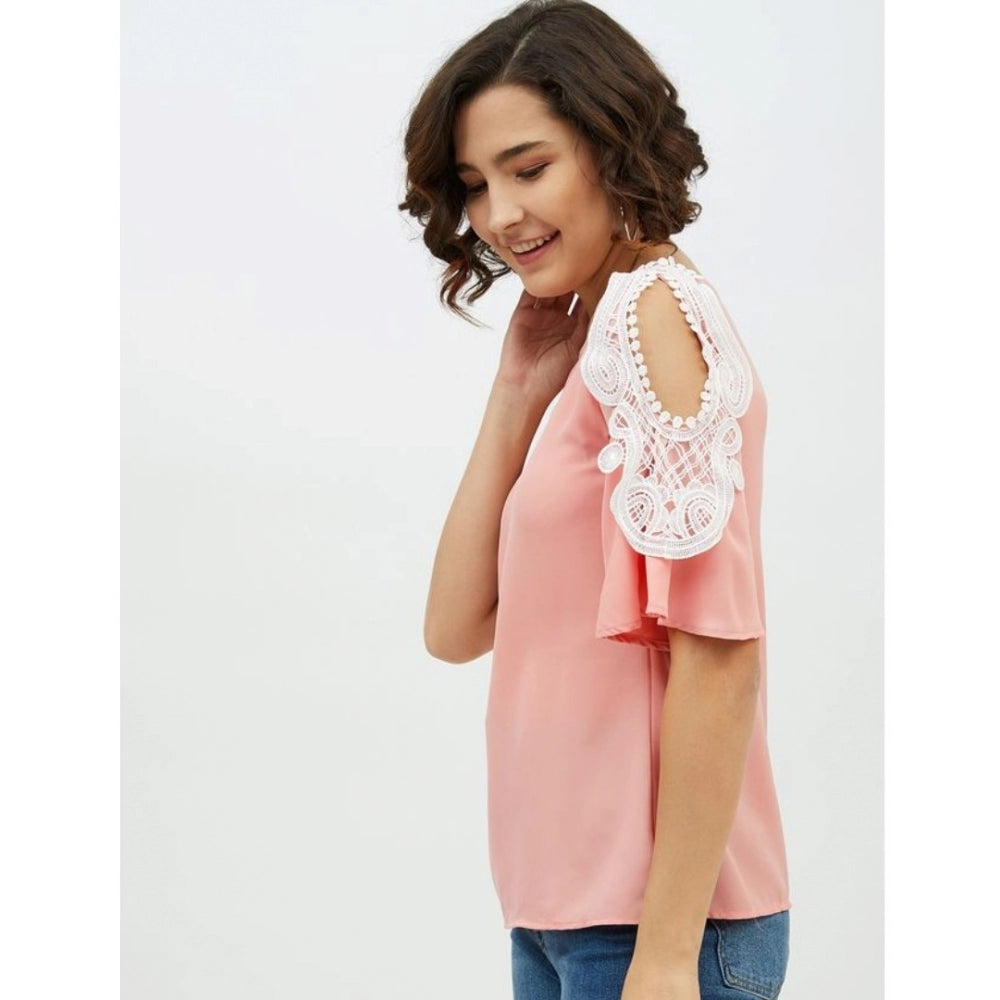 Indoraa Women's Polyester Lace Inserts Cold Shoulder Top (Pink)