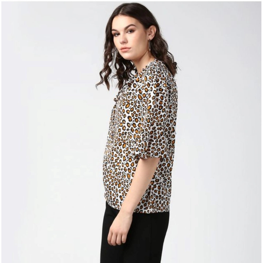 Indoraa Women's Polyester Animal Print Bell Sleeve Top (Orange - Black)