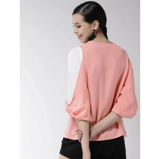 Indoraa Women's Polyester Colour Block Slit Sleeve Top (Pink)