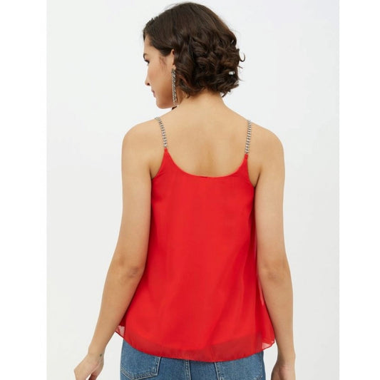 Indoraa Women's Polyester Embellished Shoulder Straps Top (Red)