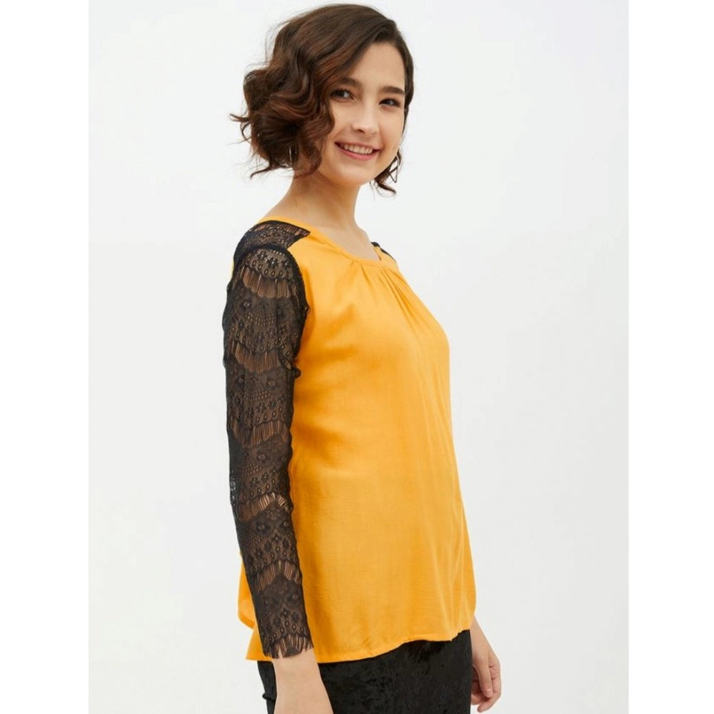 Indoraa Women's Rayon Lace Inserts Long Sleeves Top (Yellow)