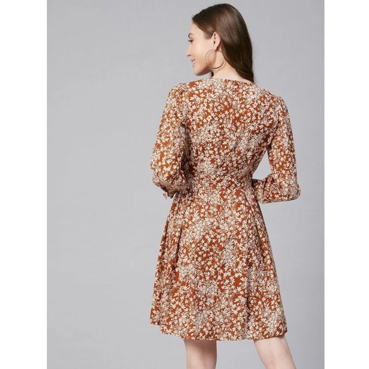 Indoraa Women's Polyester Floral Long Sleeves Above Knee Dress (Rust)
