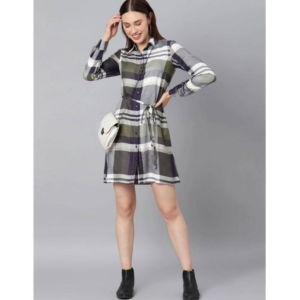 Indoraa Women's Cotton Checkered Long Sleeves Above Knee Dress (Olive - White)