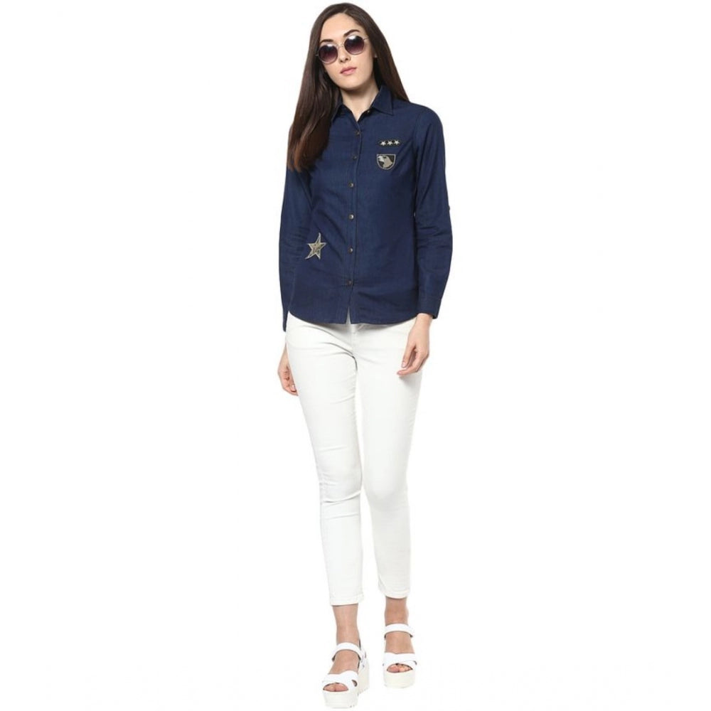 Indoraa Women's Denim Patch Work Long Sleeves Standard Length Shirt (Blue)