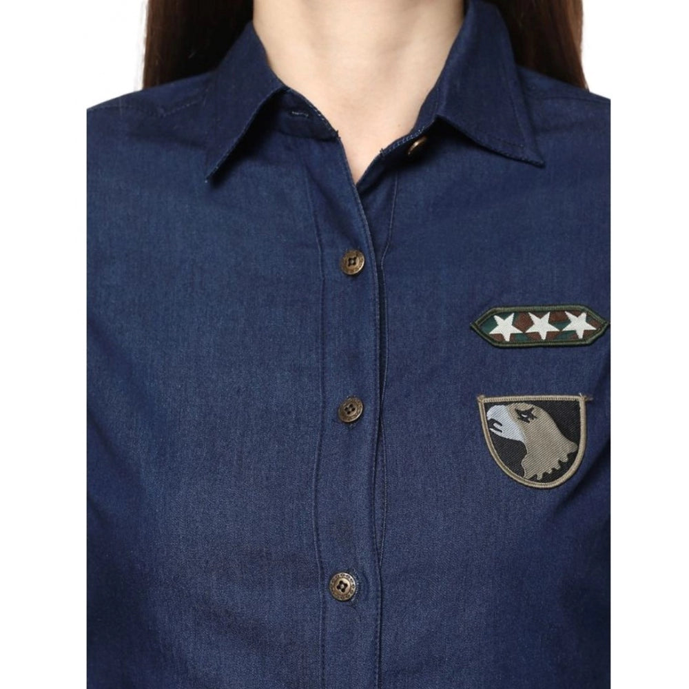 Indoraa Women's Denim Patch Work Long Sleeves Standard Length Shirt (Blue)