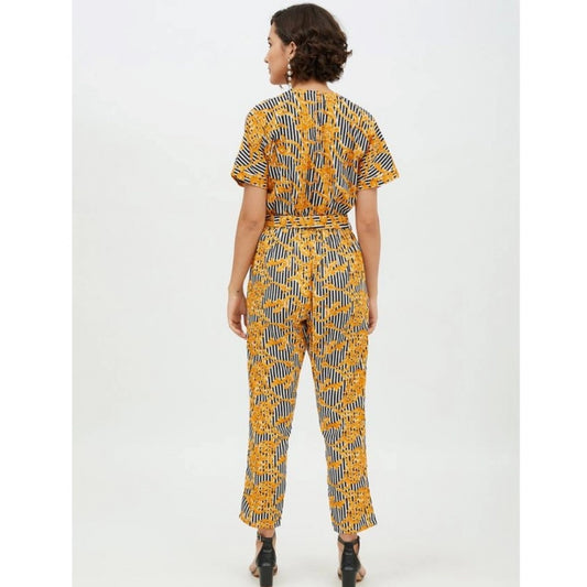 Indoraa Women's Polyester Printed Half Sleeve Long Jumpsuit (Yellow)