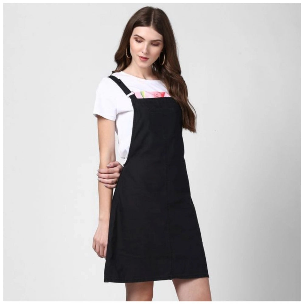 Indoraa Women's Denim Solid Shoulder Straps Above Knee Dungaree (Black)