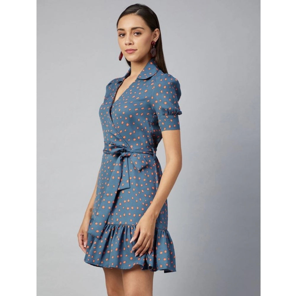 Indoraa Women's Polyester Polka Short Sleeve Above Knee Dress (Grey - Coral)