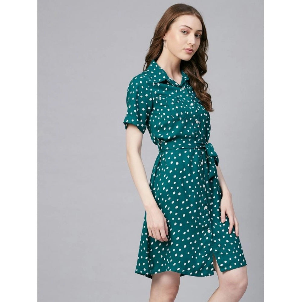Indoraa Women's Polyester Polka Short Sleeve Above Knee Dress (Blue - White)