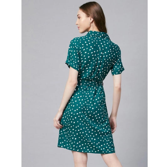 Indoraa Women's Polyester Polka Short Sleeve Above Knee Dress (Blue - White)