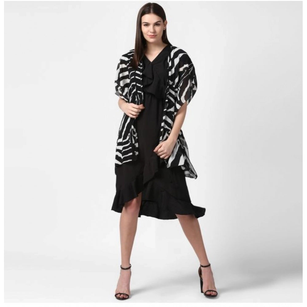 Indoraa Women's Polyester Printed Short Sleeve Shrug (Black)