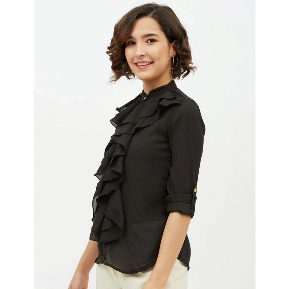 Indoraa Women's Polyester Ruffled Long Sleeves Standard Length Shirt (Black)