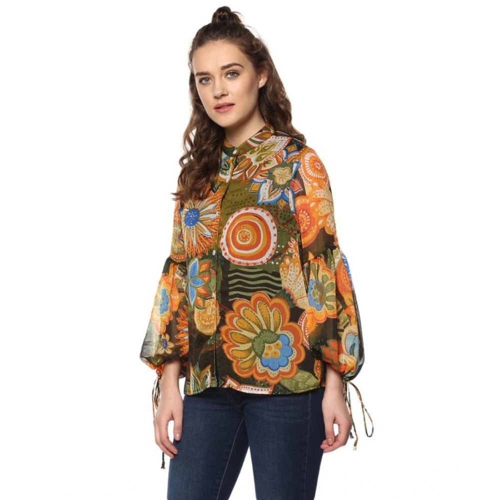 Indoraa Women's Polyester Floral Balloon Sleeve Top (Mustard - Olive)