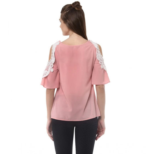 Indoraa Women's Polyester Lace Inserts Half Sleeve Top (Pink)
