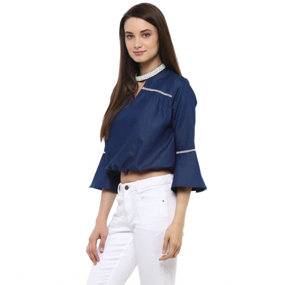 Indoraa Women's Polyester Solid Bell Sleeve Regular Top (Blue)