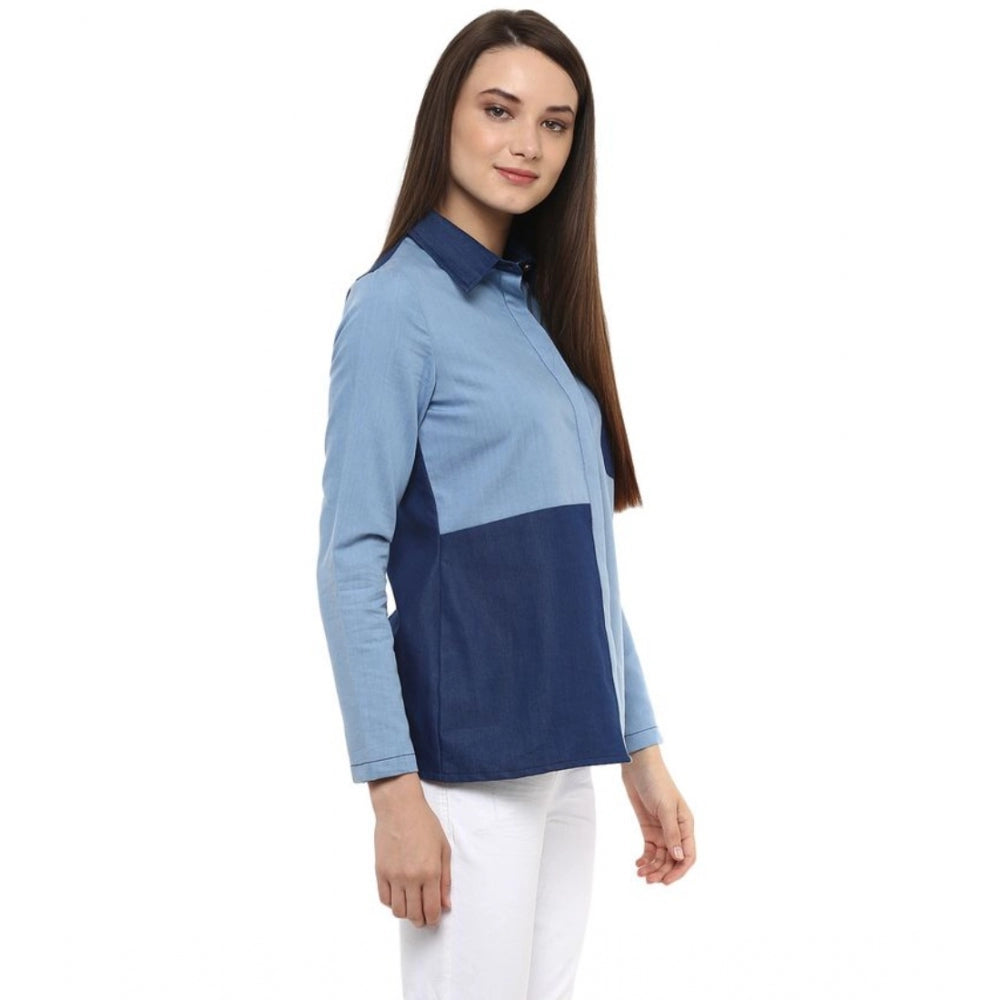 Indoraa Women's Denim Patch Work Long Sleeves Regular Top (Blue)