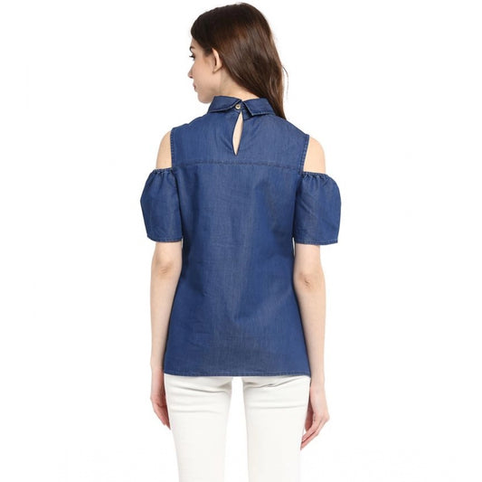 Indoraa Women's Denim Solid Cold Shoulder Regular Top (Blue)