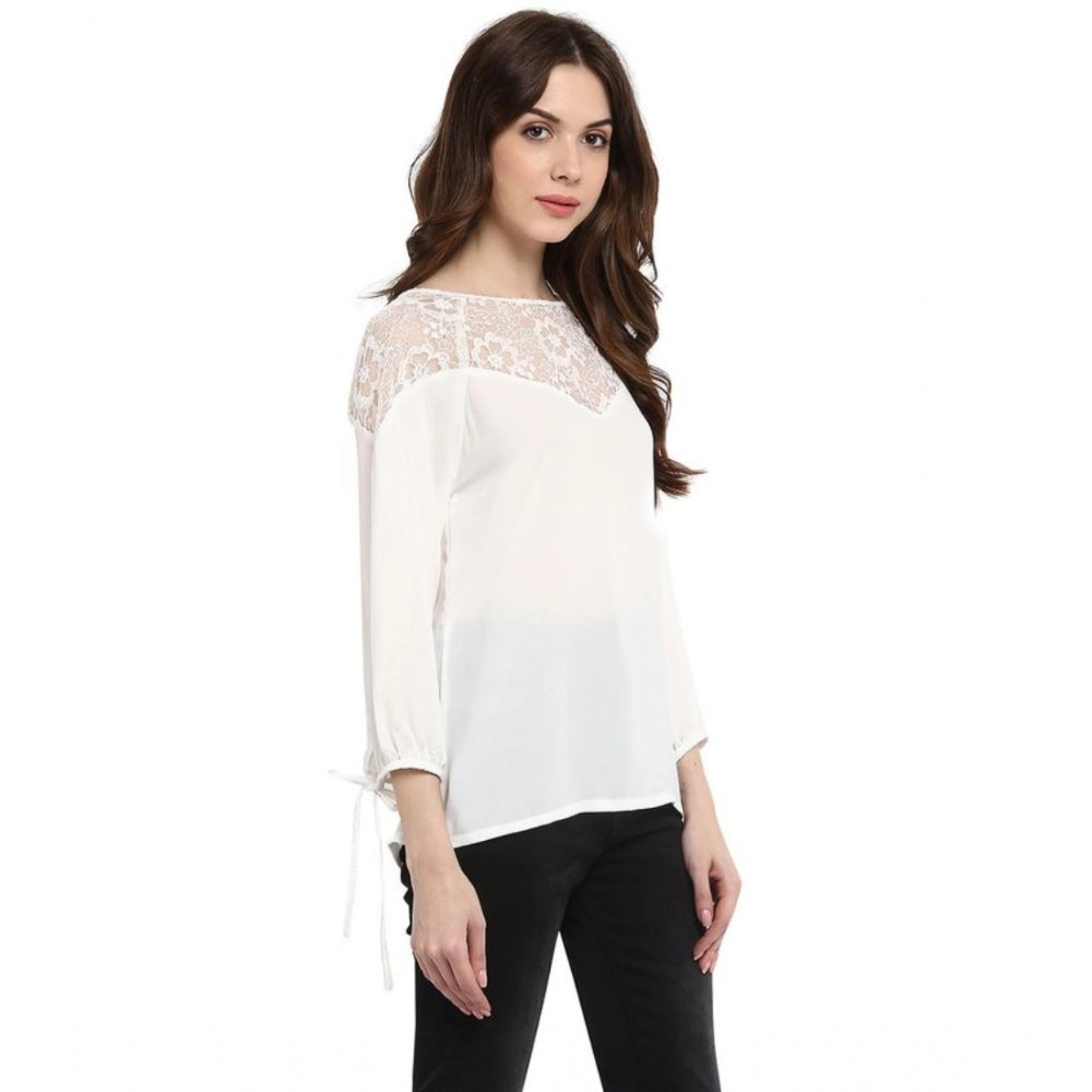 Indoraa Women's Polyester Georgette Self Design 3-4th Sleeves Regular Top (White)