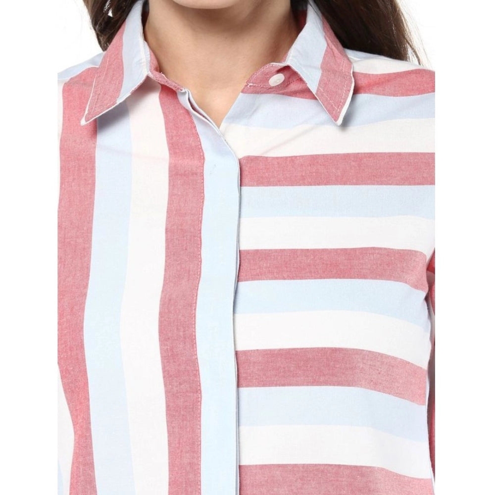 Indoraa Women's Cotton Striped Roll Up Sleeve Regular Top (Red)