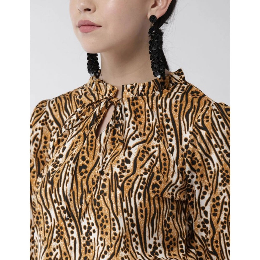Indoraa Women's Polyester Printed Bell Sleeve Top (Orange - Black)