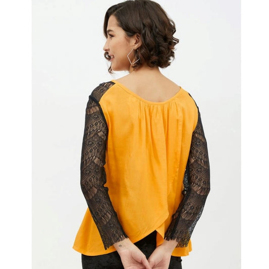 Indoraa Women's Rayon Lace Inserts Long Sleeves Top (Yellow)