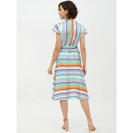 Indoraa Women's Satin Striped Short Sleeve Knee-Length Dress (Multicolor)