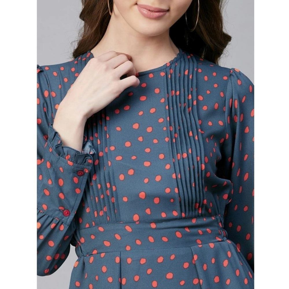 Indoraa Women's Polyester Polka Long Sleeves Above Knee Dress (Grey - Coral)