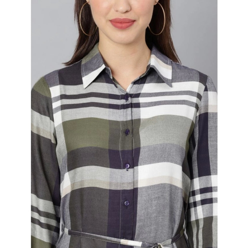 Indoraa Women's Cotton Checkered Long Sleeves Above Knee Dress (Olive - White)
