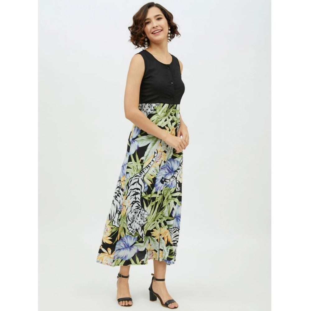 Indoraa Women's Rayon Floral Sleeveless Calf-length Dress (Multicolor)