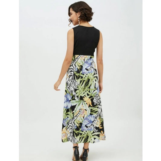 Indoraa Women's Rayon Floral Sleeveless Calf-length Dress (Multicolor)