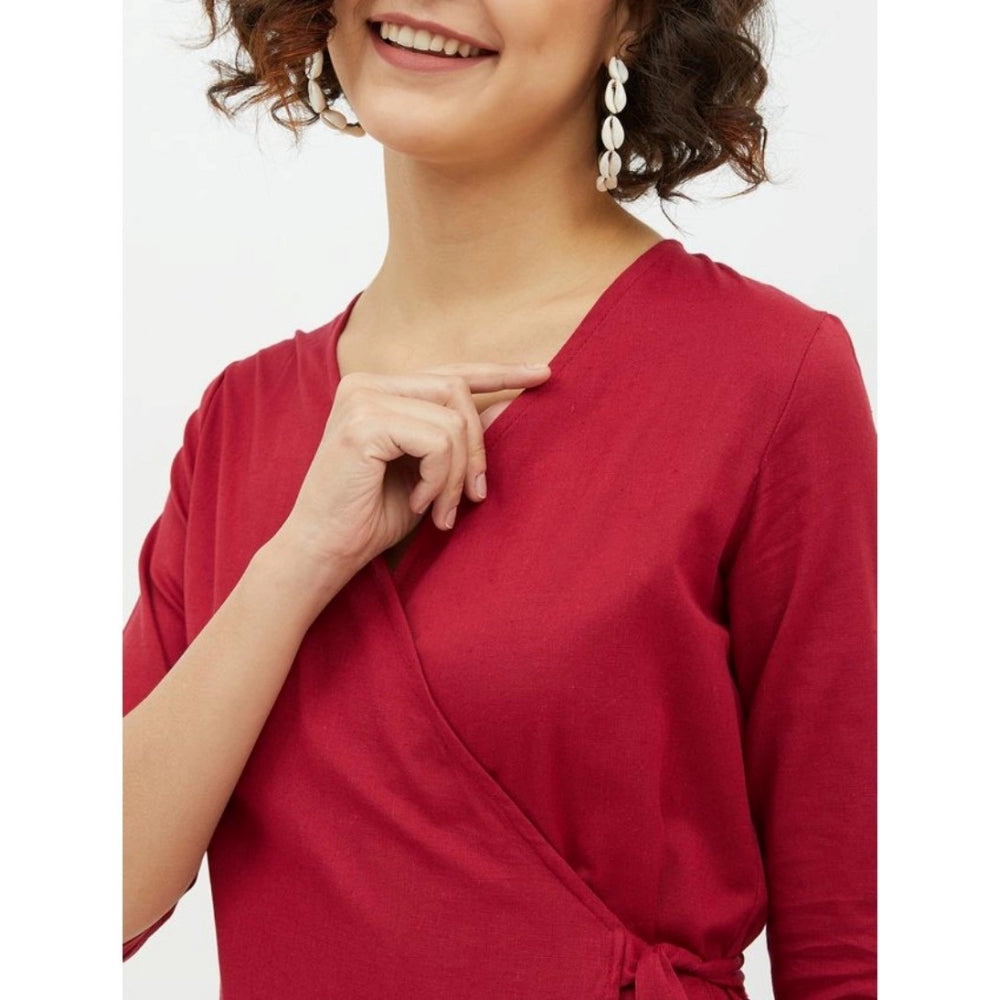 Indoraa Women's Cotton Wrap 3-4th Sleeves Above Knee Dress (Maroon)