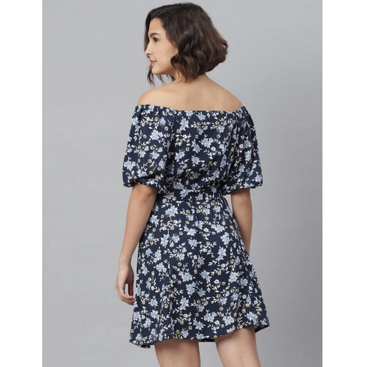 Indoraa Women's Polyester Off Shoulder Half Sleeve Above Knee Dress (Blue)
