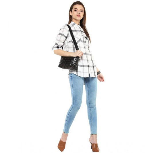 Indoraa Women's Rayon Checkered Long Sleeves Standard Length Shirt (Black - White)