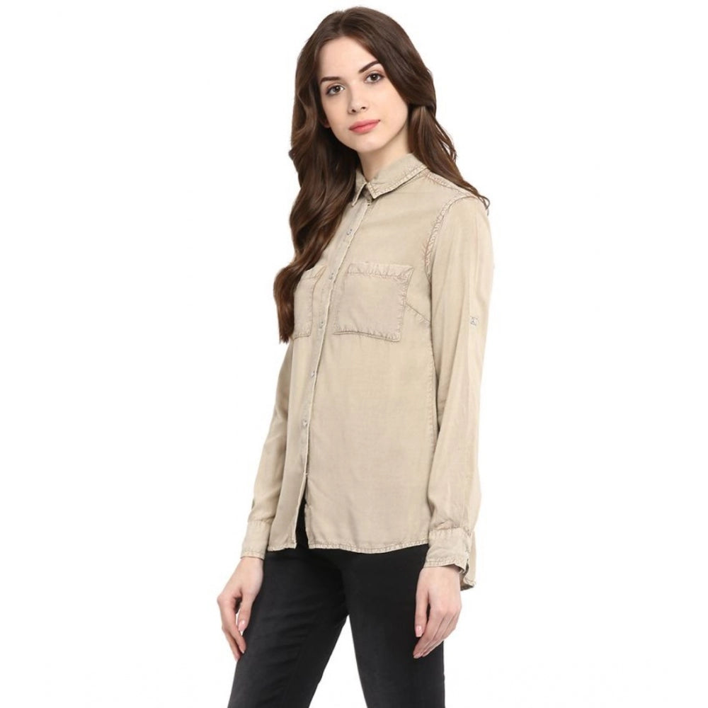 Indoraa Women's Rayon Solid Long Sleeves Standard Length Shirt (Beige)