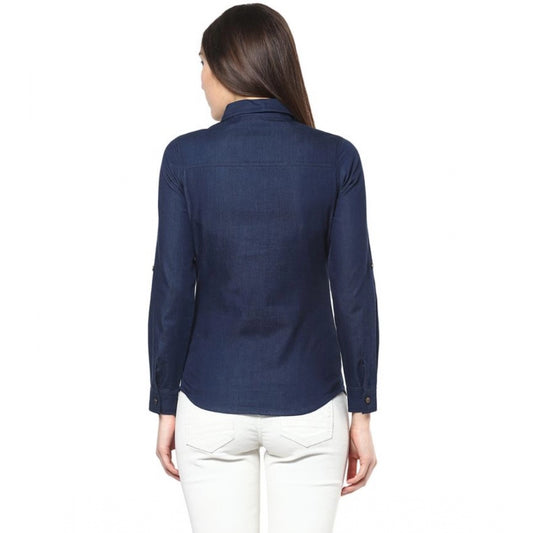 Indoraa Women's Denim Patch Work Long Sleeves Standard Length Shirt (Blue)