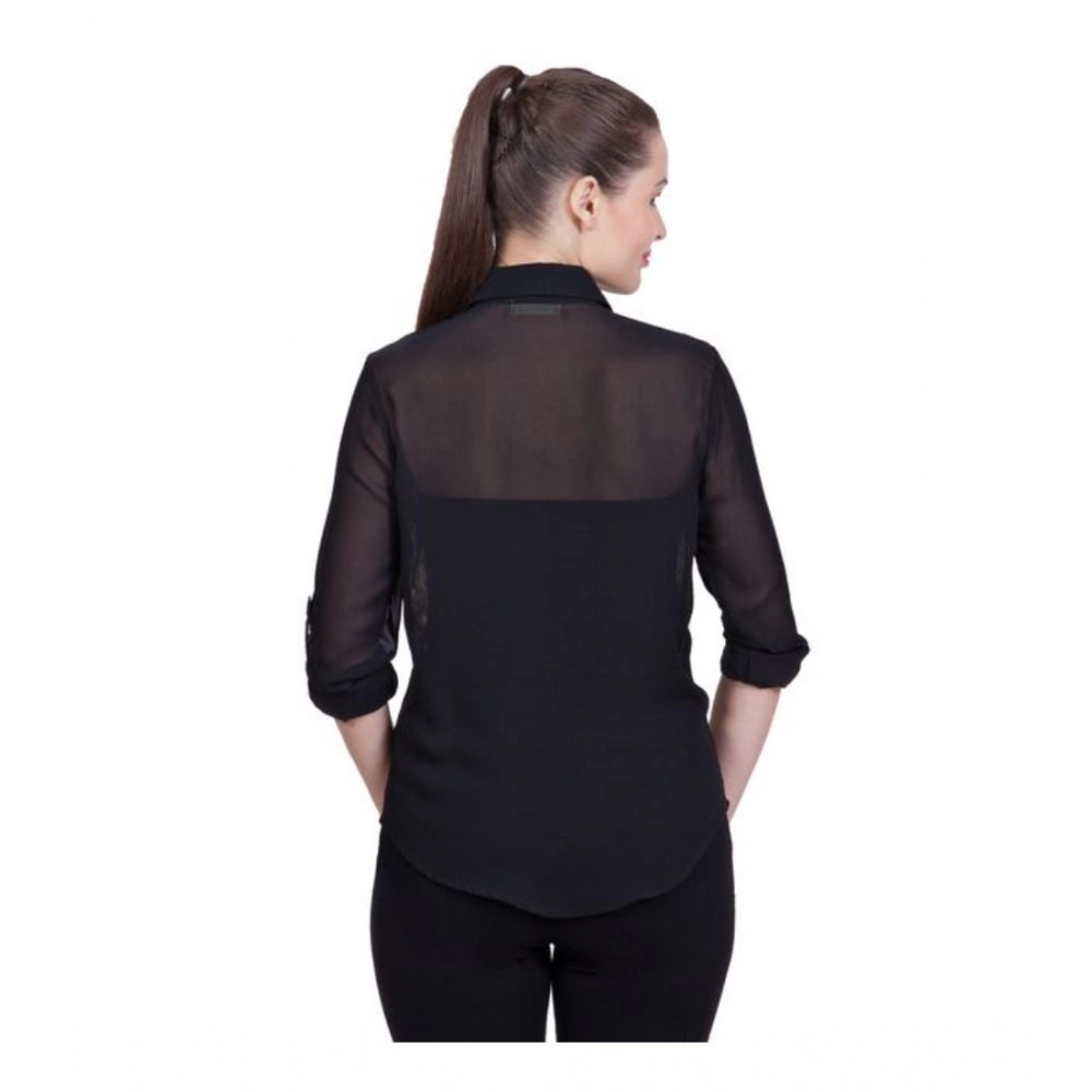 Indoraa Women's Polyester Printed Roll Up Sleeve Standard Length Shirt (Black)