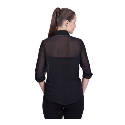 Indoraa Women's Polyester Printed Roll Up Sleeve Standard Length Shirt (Black)