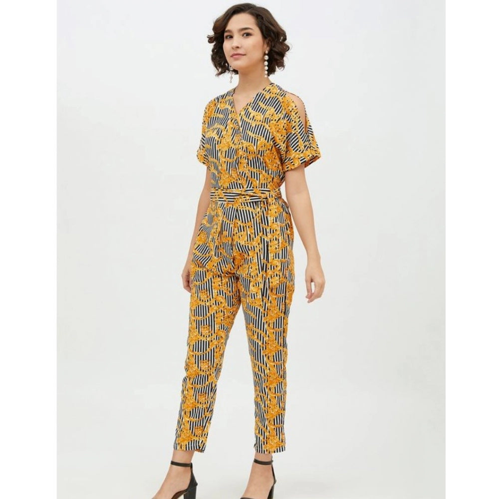 Indoraa Women's Polyester Printed Half Sleeve Long Jumpsuit (Yellow)