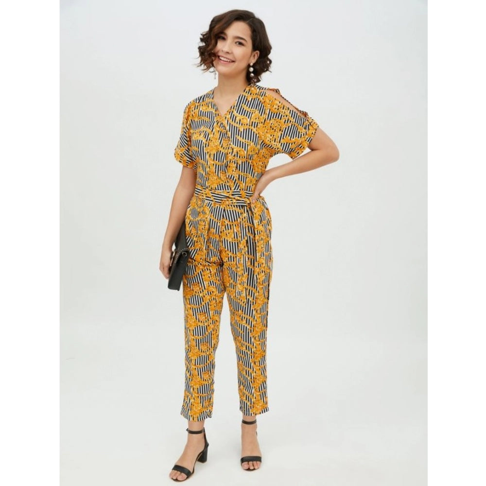 Indoraa Women's Polyester Printed Half Sleeve Long Jumpsuit (Yellow)