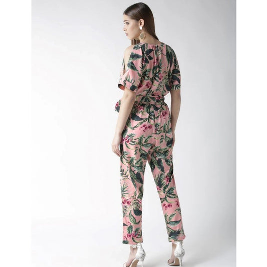Indoraa Women's Polyester Floral Half Sleeve Jumpsuit (Pink)