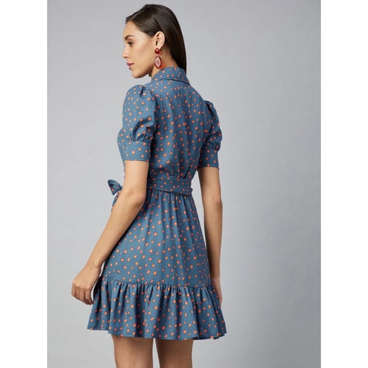 Indoraa Women's Polyester Polka Short Sleeve Above Knee Dress (Grey - Coral)