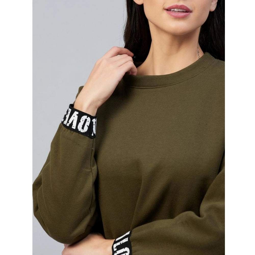 Indoraa Women's Fleece Solid Long Sleeves Sweatshirt (Olive)