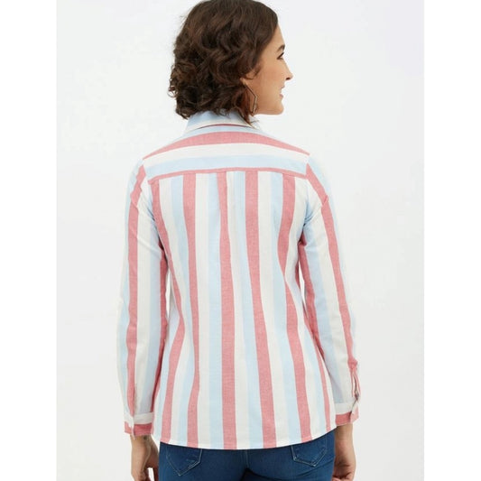 Indoraa Women's Cotton Striped Long Sleeves Standard Length Shirt (Pink)