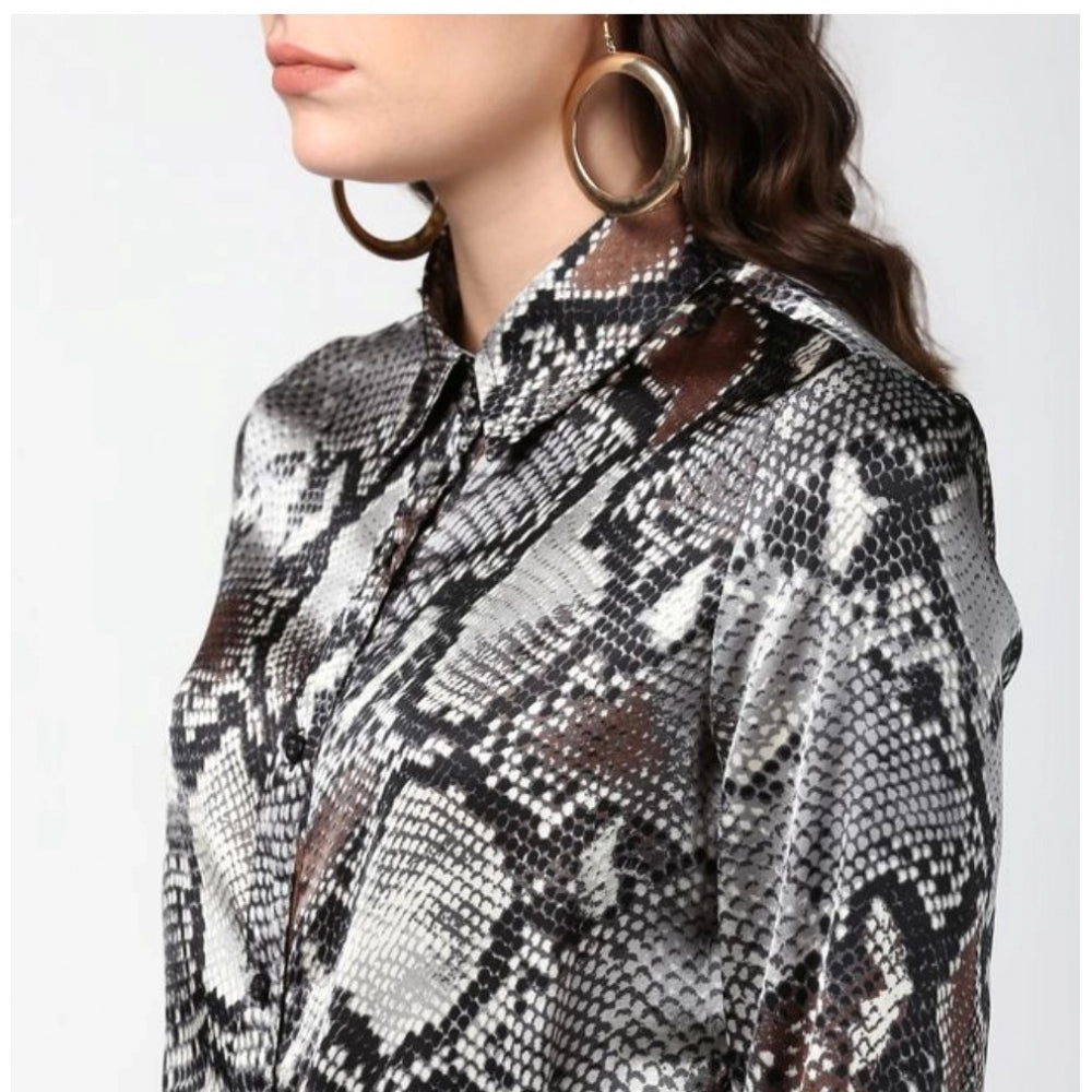 Indoraa Women's Satin Animal Print Long Sleeves Standard Length Shirt (Black - Grey)